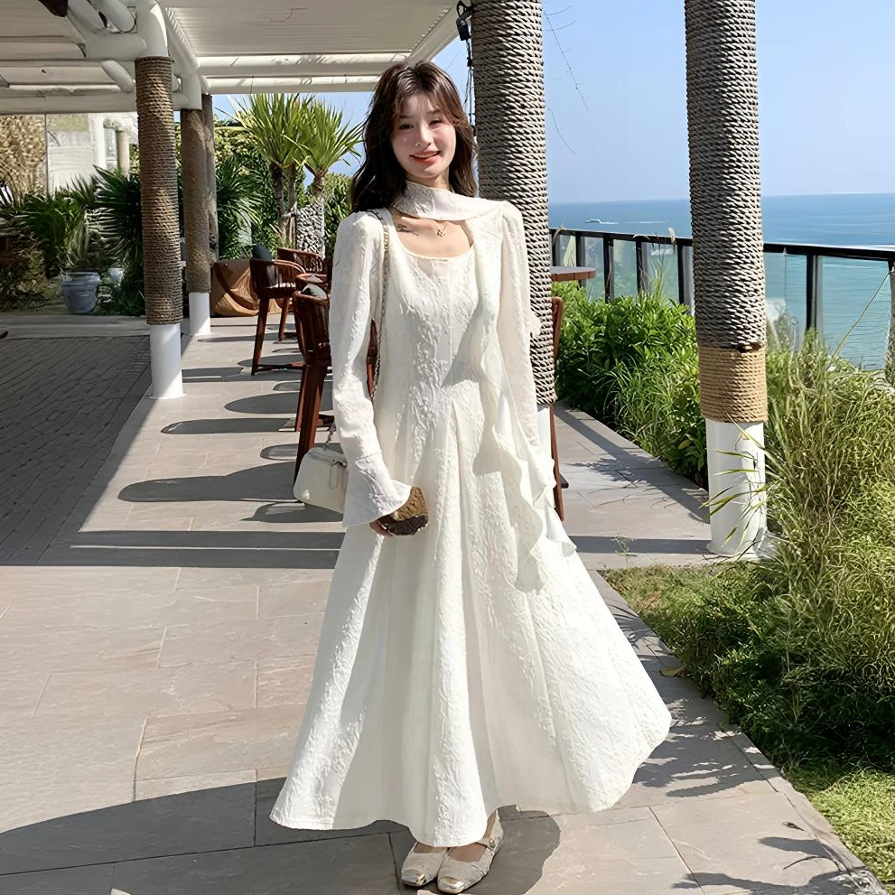 法式浪漫气质超仙提花飘带连衣裙女春秋2025新款度假风飘带长裙子
