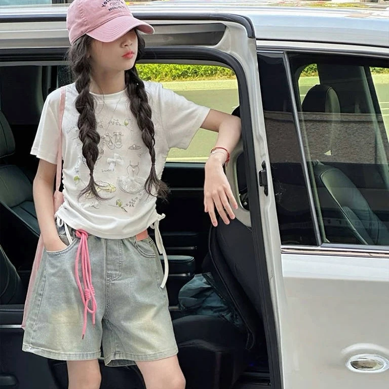 2025中大女童甜酷风蝴蝶结印花撞色圆领T恤上衣25723