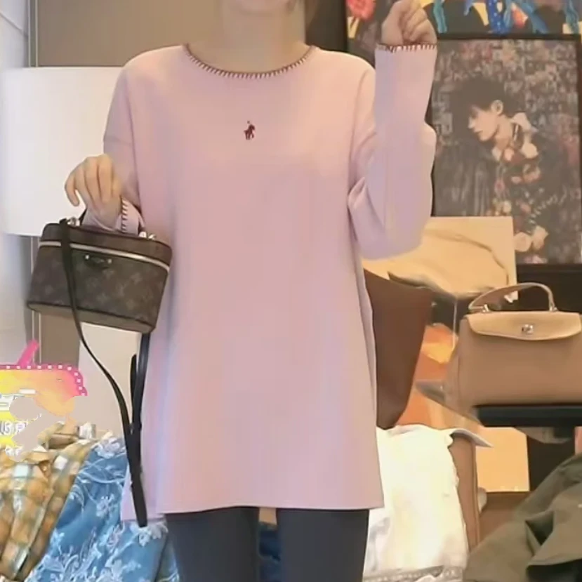 简约小马刺绣宽松百搭大版休闲长袖T恤女2025新款春季设计感上衣