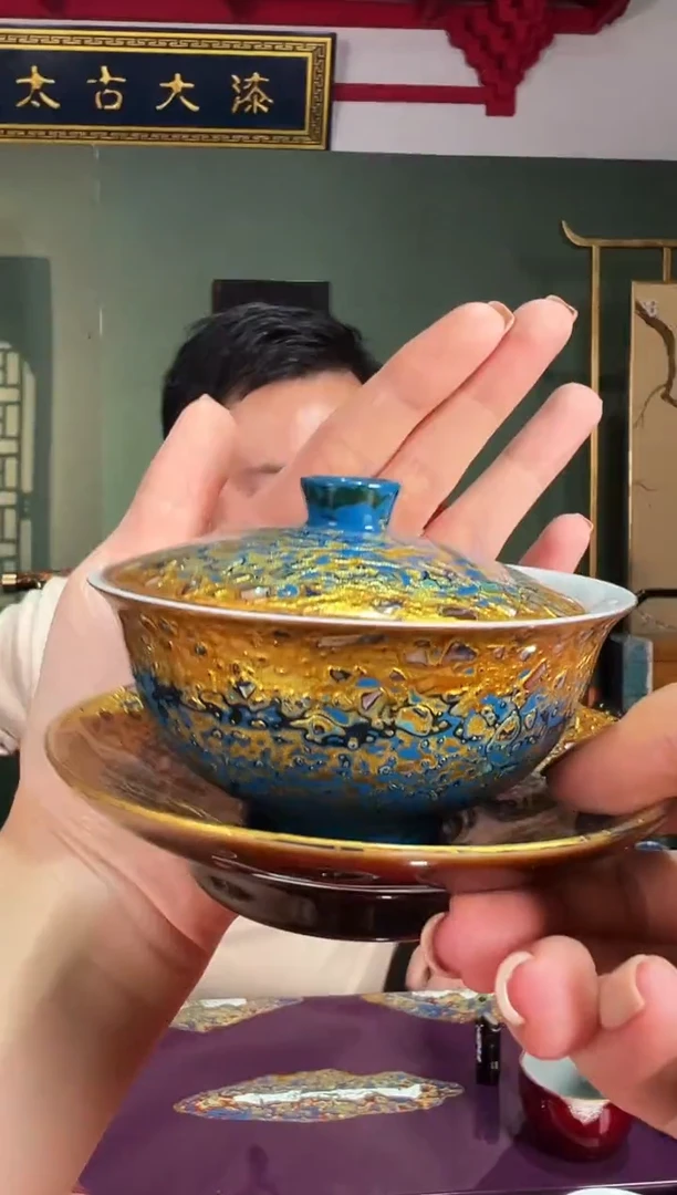蓝金螺钿三才盖碗-太古大漆