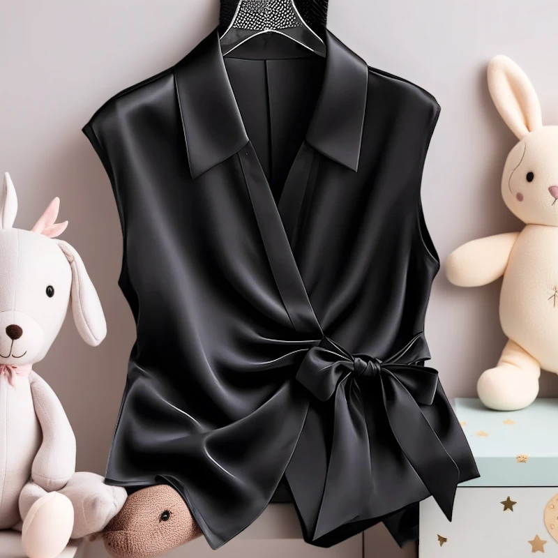 夏日新款法式小众设计感女V领无袖衬衫高级气质修身显瘦凸显身材