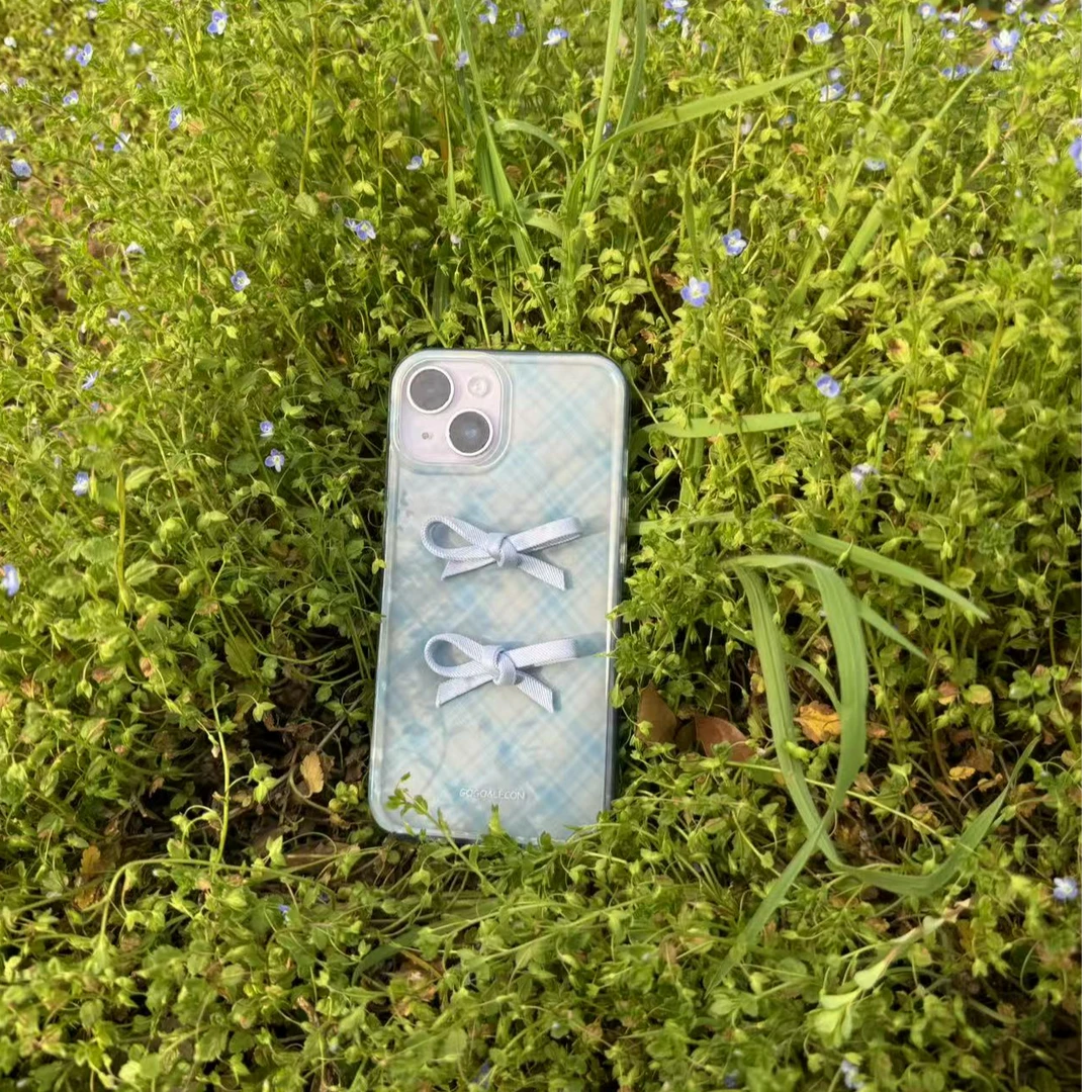 双层IMD蓝网格立体蝴蝶结韩系ins风苹果手机壳小众侧面带印花