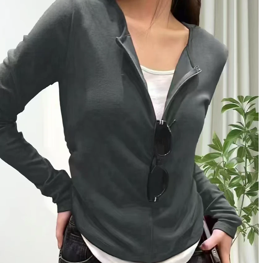 8816 拼接V领假两件长袖上衣-LJ