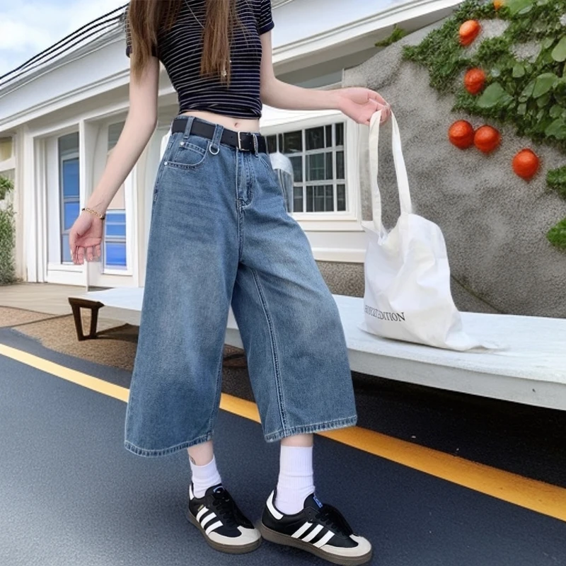 美式阔腿七分牛仔裤女2025年夏季新款7分裤显瘦直筒八分爆款裤子