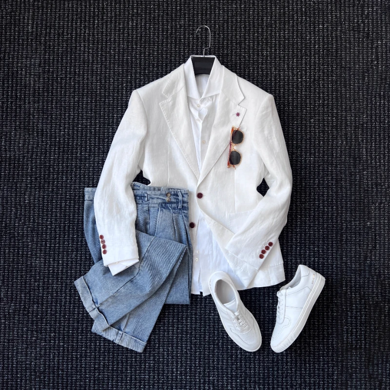 CsuuGent日本100%亚麻无结构西服男那不勒斯高定绅装白色高奢西装