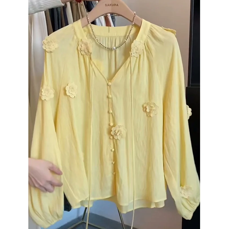 A205#纯色衬衣女2025春季韩版新款V领长袖上衣宽松洋气衬衫潮