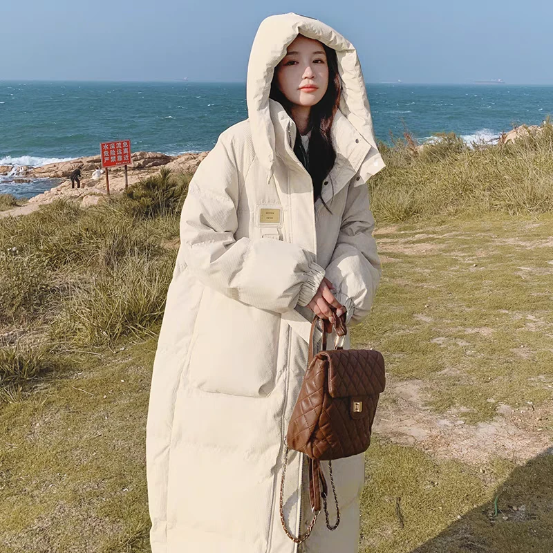 清货连帽长款90白鸭绒羽绒服女中长款韩版宽松大码