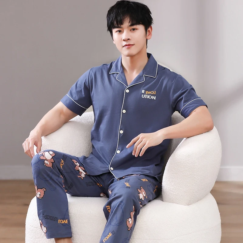 2025睡衣男夏季纯棉短袖长裤套装夏天薄款卡通凉爽舒适大码家居服