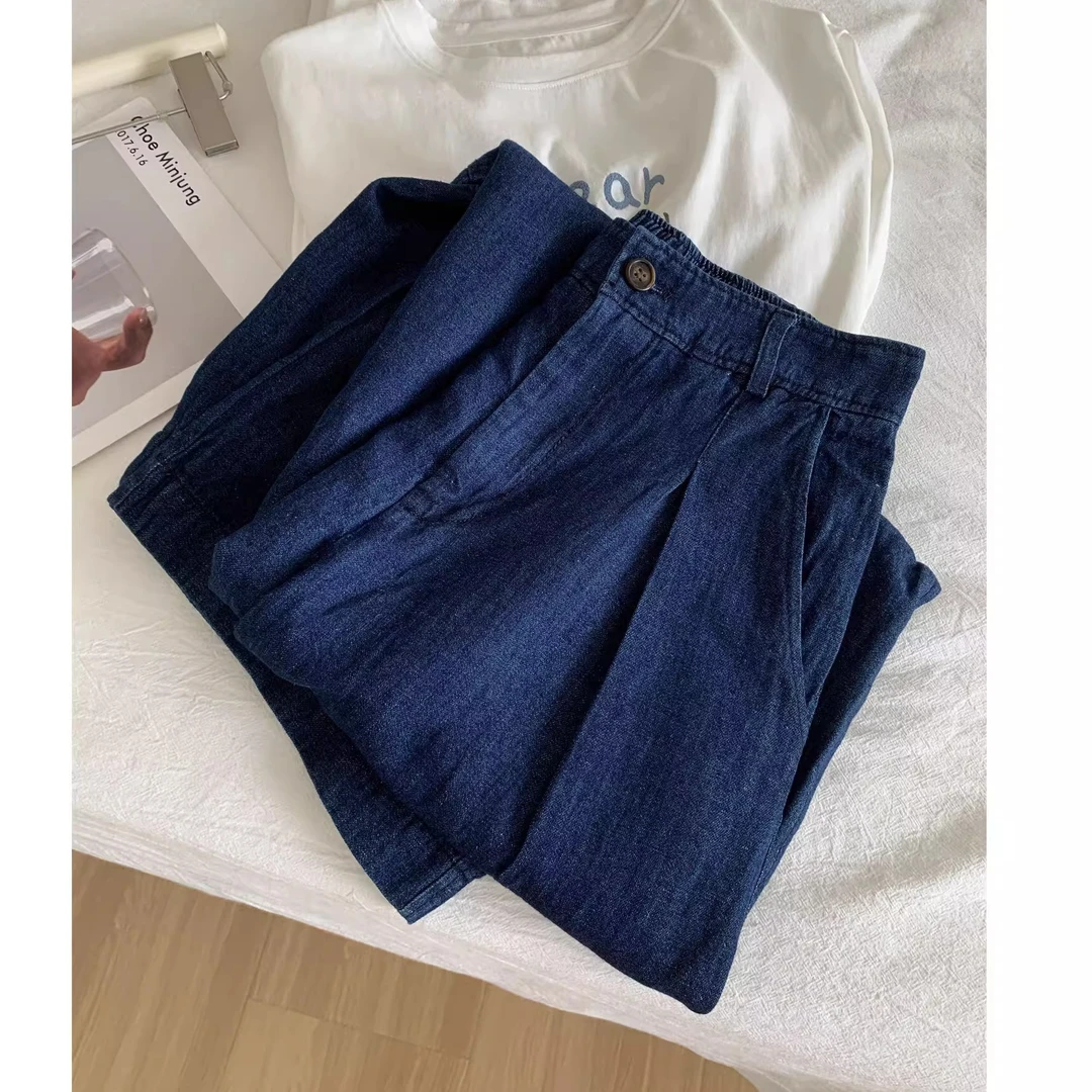 秋冬新款日系复古深蓝色九分牛仔裤女梨型身材遮肉显瘦阔腿奶奶裤