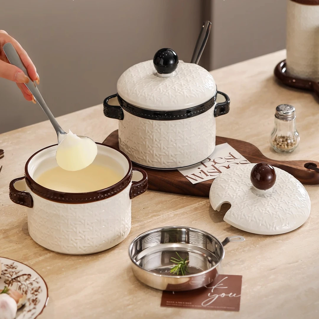 漫时光法式复古藤编猪油罐家用食品级轻奢高档陶瓷双耳辣椒油罐子