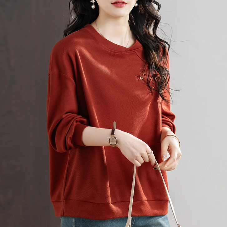 百搭长袖新中式绣花设计卫衣女秋季优雅气质国风内搭上衣