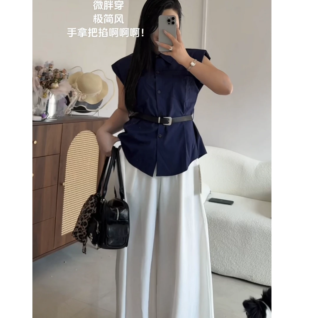 大码胖MM百搭显瘦单排扣气质落肩袖衬衫+高腰裤套装