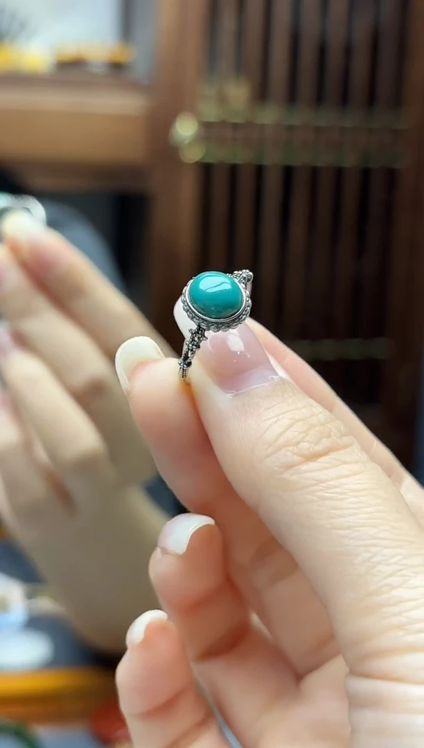 银S925镶嵌绿松石戒指萌*s925银松石蛋面戒指GW