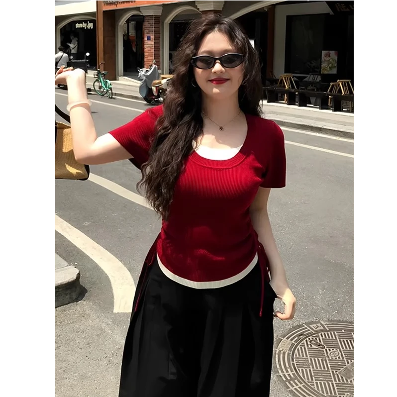 大码微胖mm假两件短袖t恤女夏季时尚休闲百搭遮肉显瘦甜美上衣