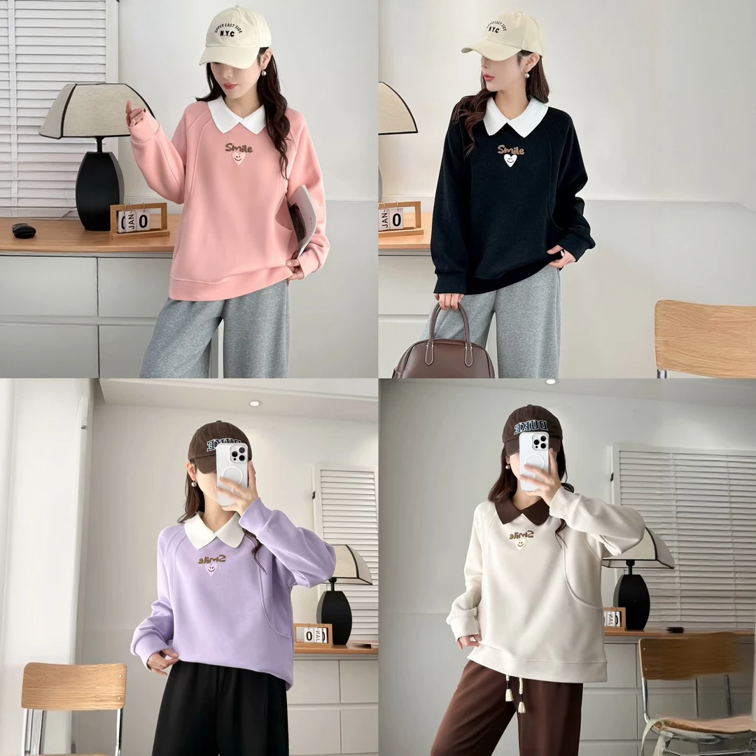 YS2455爱心笑脸拼色娃娃领卫衣女大码休闲百搭运动上衣显瘦套头衫