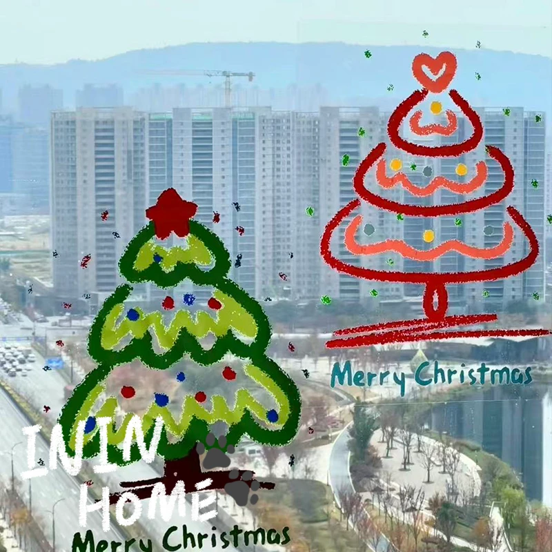 ININHOME圣诞节2026新年玻璃橱窗装饰贴纸卡通圣诞树静电窗花窗贴