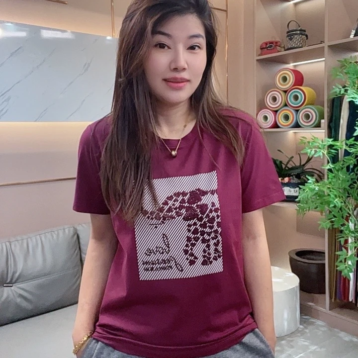 怡特美【向阳而生】夏季洋气休闲百搭欧若风印花短袖棉T恤256657