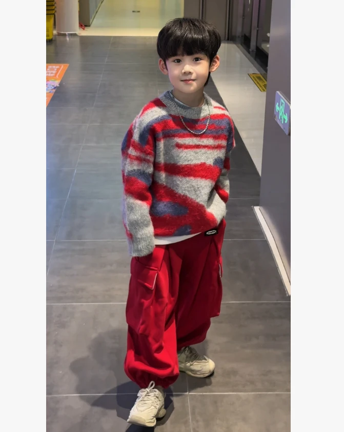 儿童冬装男童毛衣儿童冬季针织衫中大童时尚上衣工装裤子舒适百潮