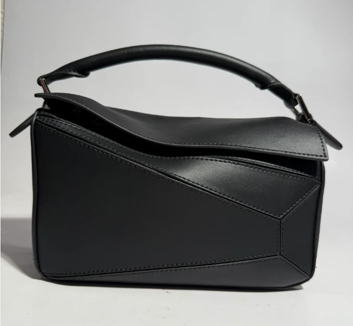 新款mini几何包真皮女包拼接手提单肩斜挎包大号9305L黑色