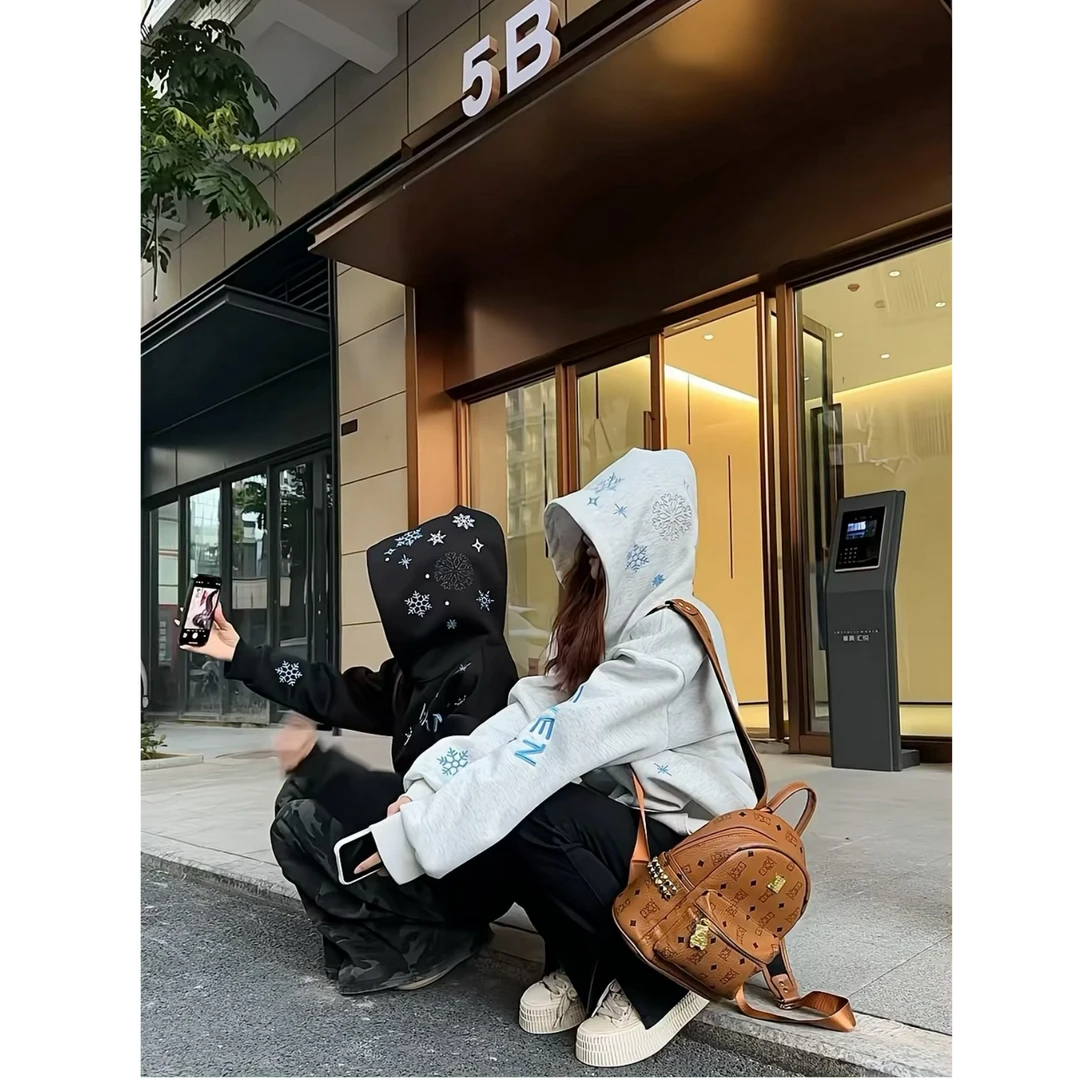 HandSeven美式雪花刺绣重磅加绒连帽卫衣秋冬潮流宽松保暖外套ins