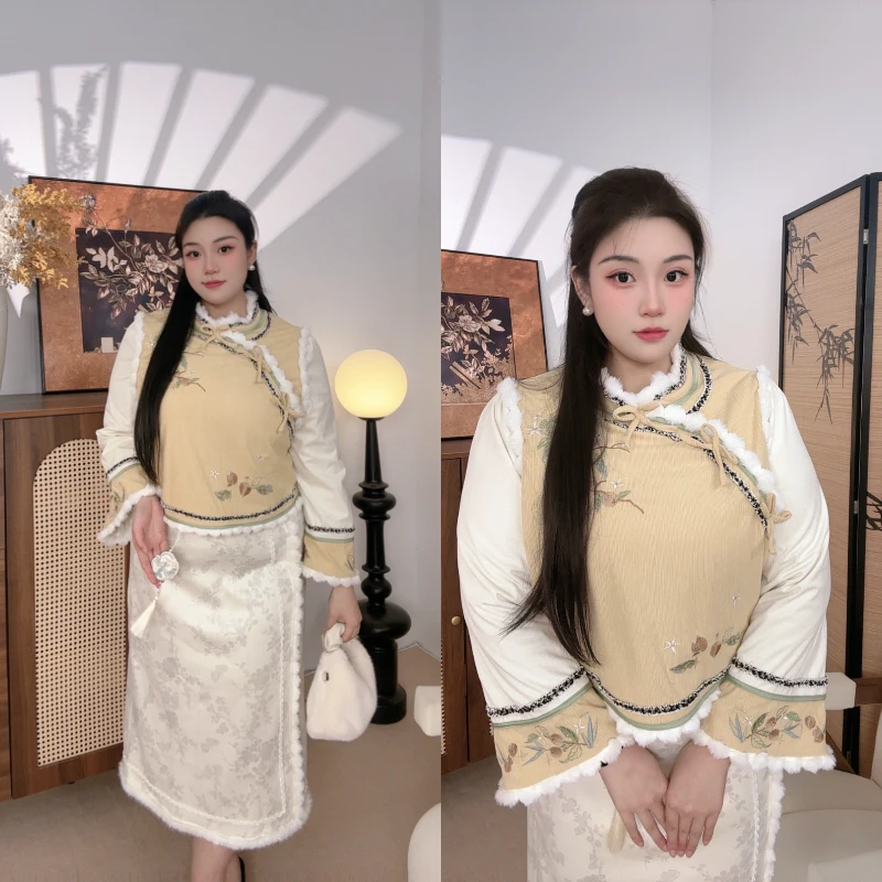 51909胖MM2025秋冬新款刺绣假两件改良民国风旗袍连衣裙