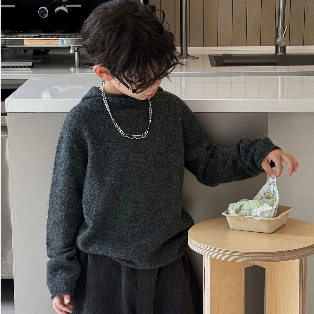 男童T恤2025秋季新款儿童百搭宽松慵懒连帽针织衫复古卫衣打底衫