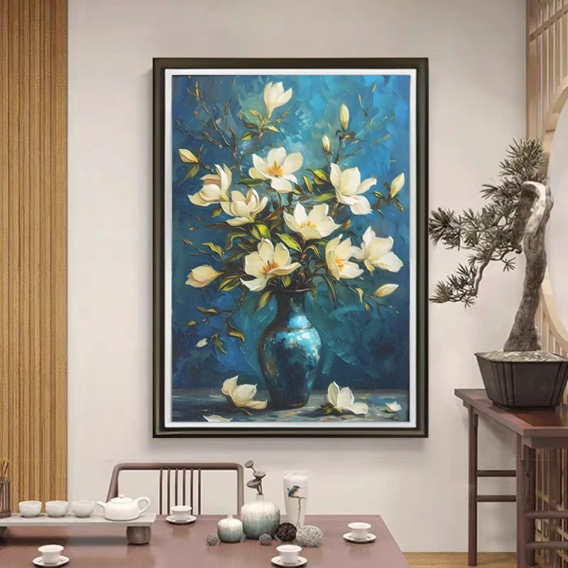 Y98蓝花卉时尚餐厅客厅床头轻奢挂画装裱实物鎏金画装饰画