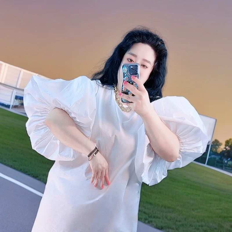 2025夏季大码90-260轻奢韩版宽松灯笼蓬蓬袖百搭凉感短袖长连衣裙