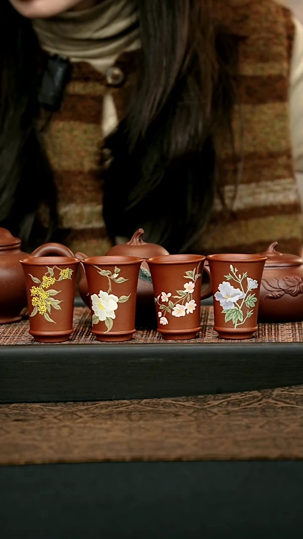 茶壶紫砂全手绘百花杯一支随机发 一物见春