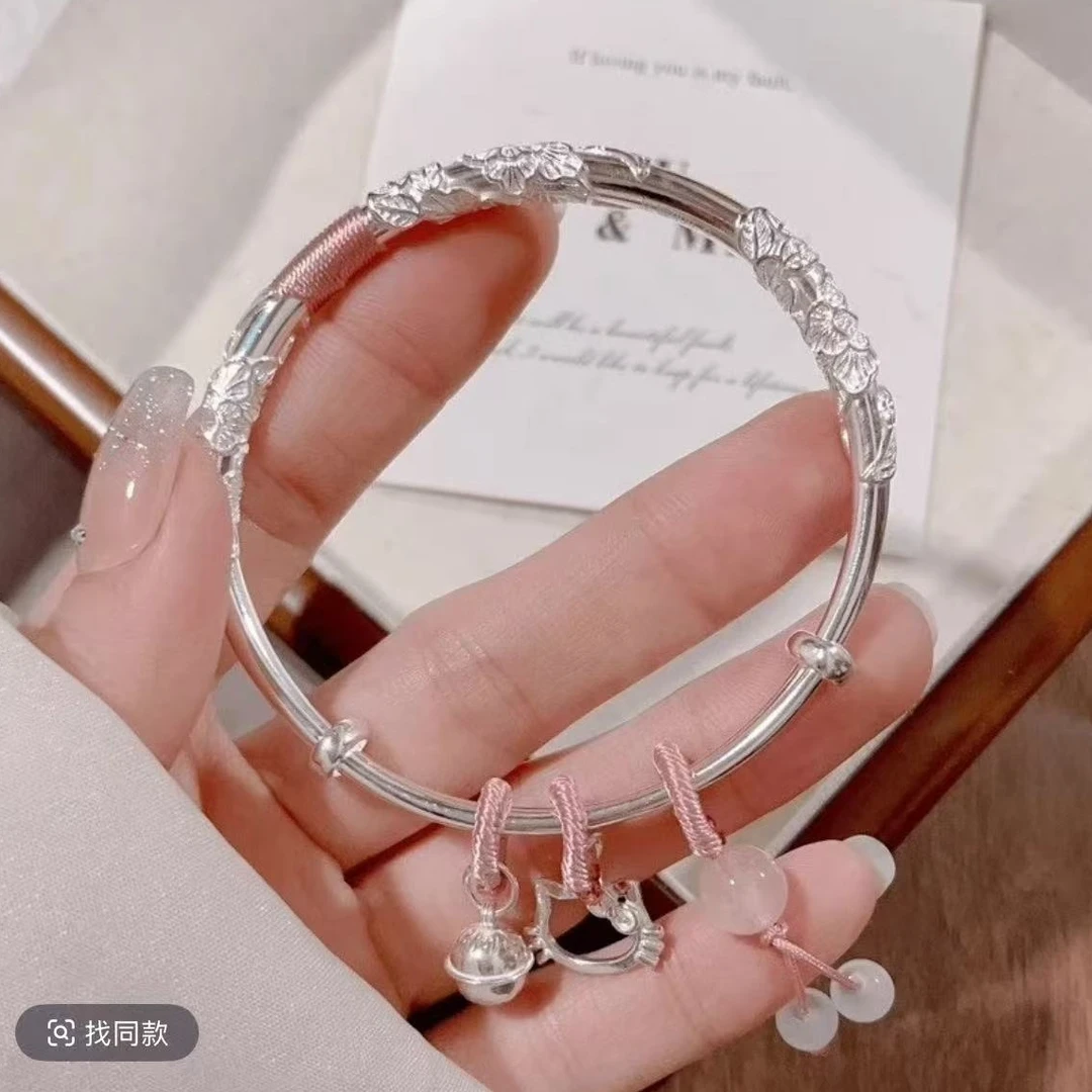 足银手镯 纯银9999 helloKitty繁花似锦实心足银手镯kt猫生日礼物