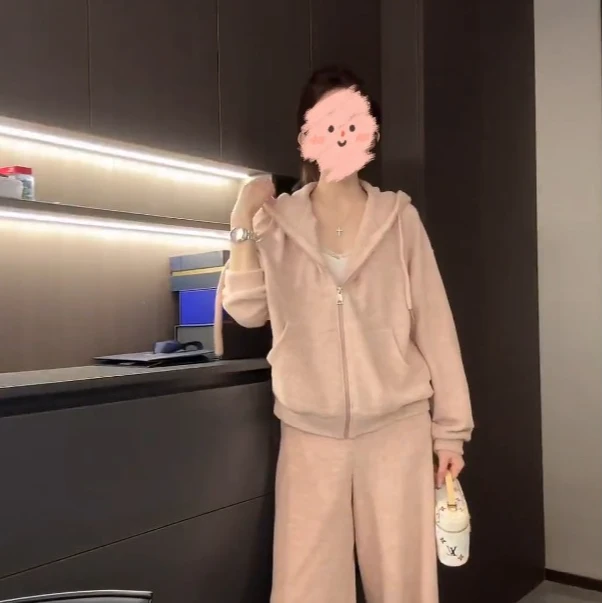 秋冬新款女设计感连帽拉链卫衣外套休闲阔腿裤两件套时尚气质套装