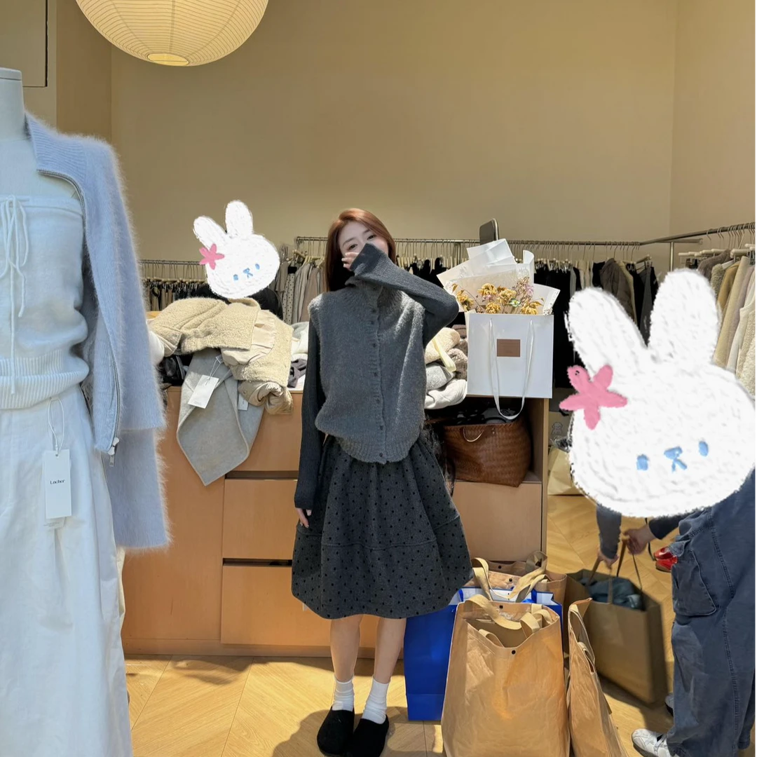 慵懒风宽松马甲上衣气质显瘦打底长袖修身上衣性感辣妹半裙三件套