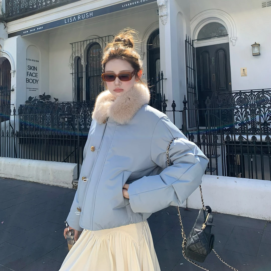 巨好看蓝色翻毛领派克棉服女短款冬季新款小个子韩版显瘦面包服女