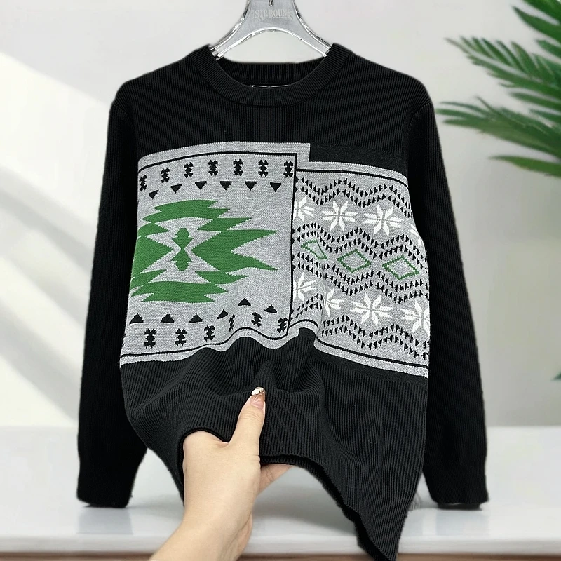 【树邦实体断码清】秋冬加厚保暖费尔岛拼接高级感提花圆领毛衣