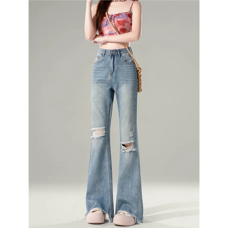 2025年春季新款浅色微喇叭牛仔裤女设计感破洞高腰马蹄阔腿拖地裤