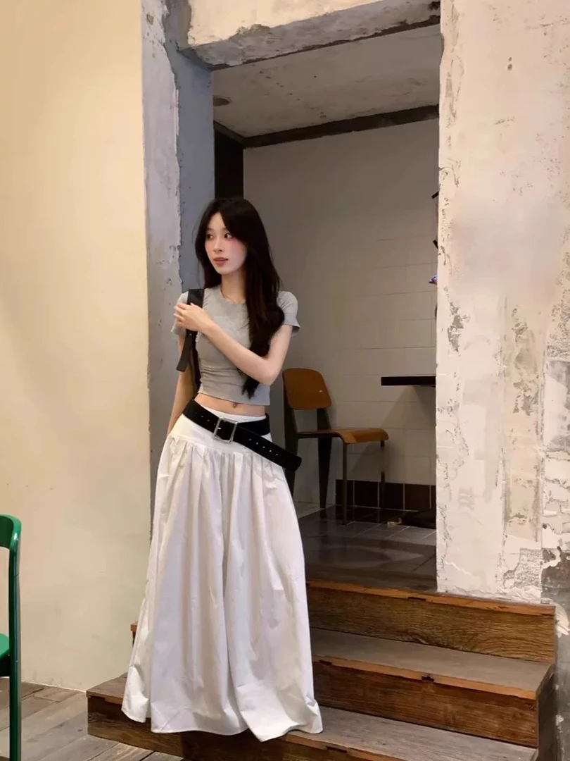 显瘦短袖T恤女甜酷辣妹套装夏季高腰白色半身裙a字长裙两件套