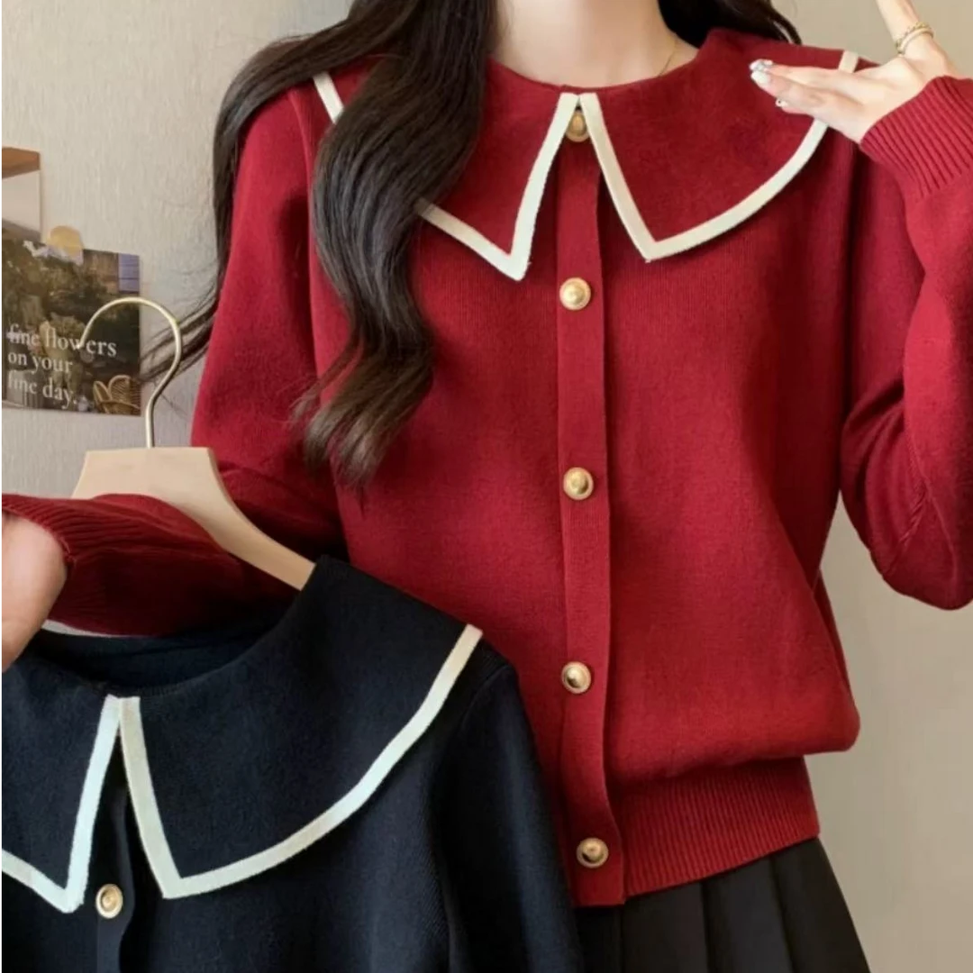5030#秋冬新款大码女装胖mm小香风红色娃娃领欧货上毛衣针织衫