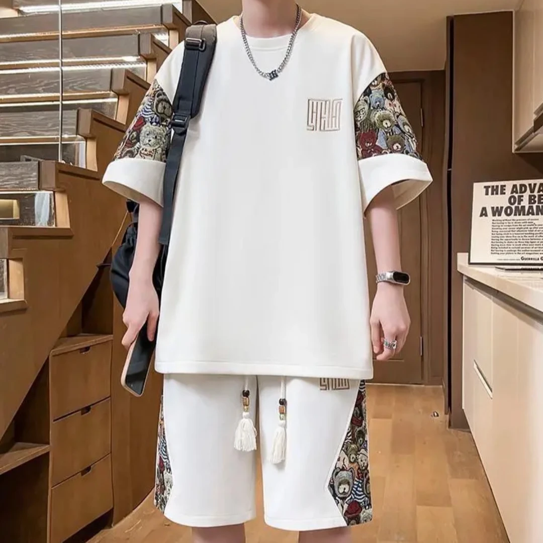 2025年中式套装男宽松薄款短袖短裤两件套夏季大码t恤休闲运动服