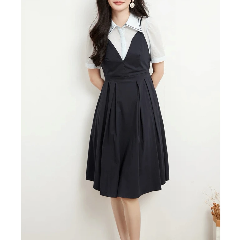 F461-【香】拼接衬衫假两件绑带连衣裙#BXG56L019