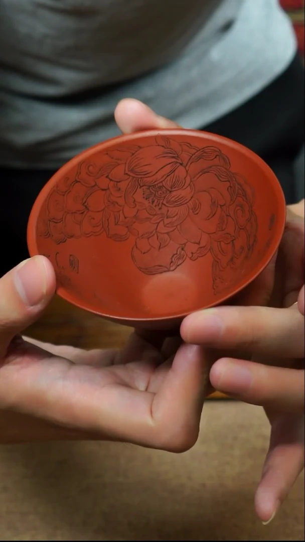 茶杯紫砂南柯记全手刻荷花斗笠杯