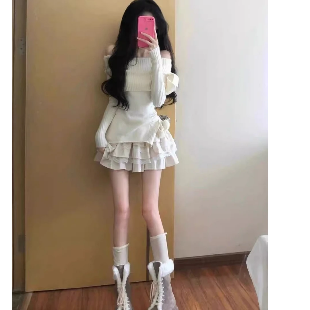 纯欲蝴蝶结针织衫上衣蕾丝半身蛋糕蓬蓬短裙女秋冬2025年新款套装