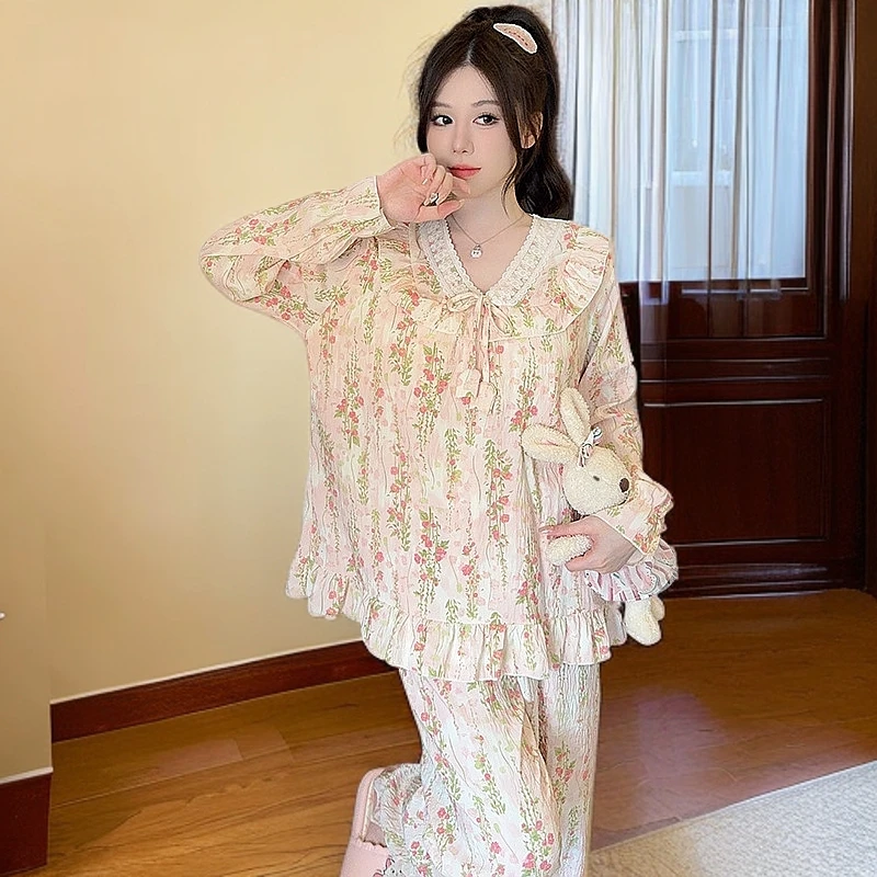 云朵棉睡衣女春季秋季带胸垫长袖长裤甜美可爱加肥大码斤家居服
