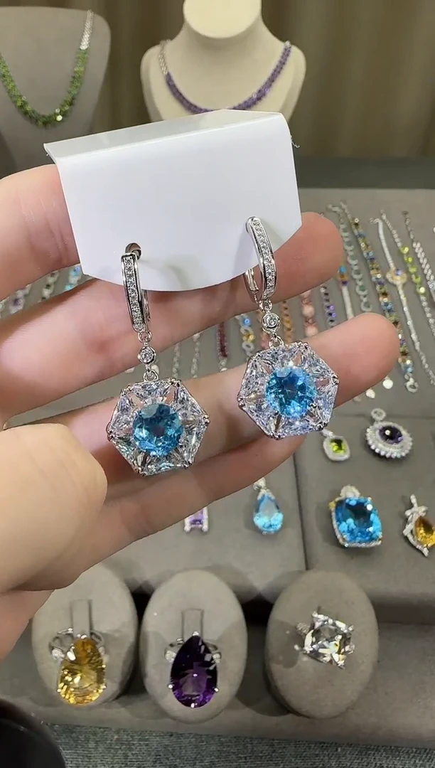 银S925镶嵌托帕石耳饰9mm耳坠高级款