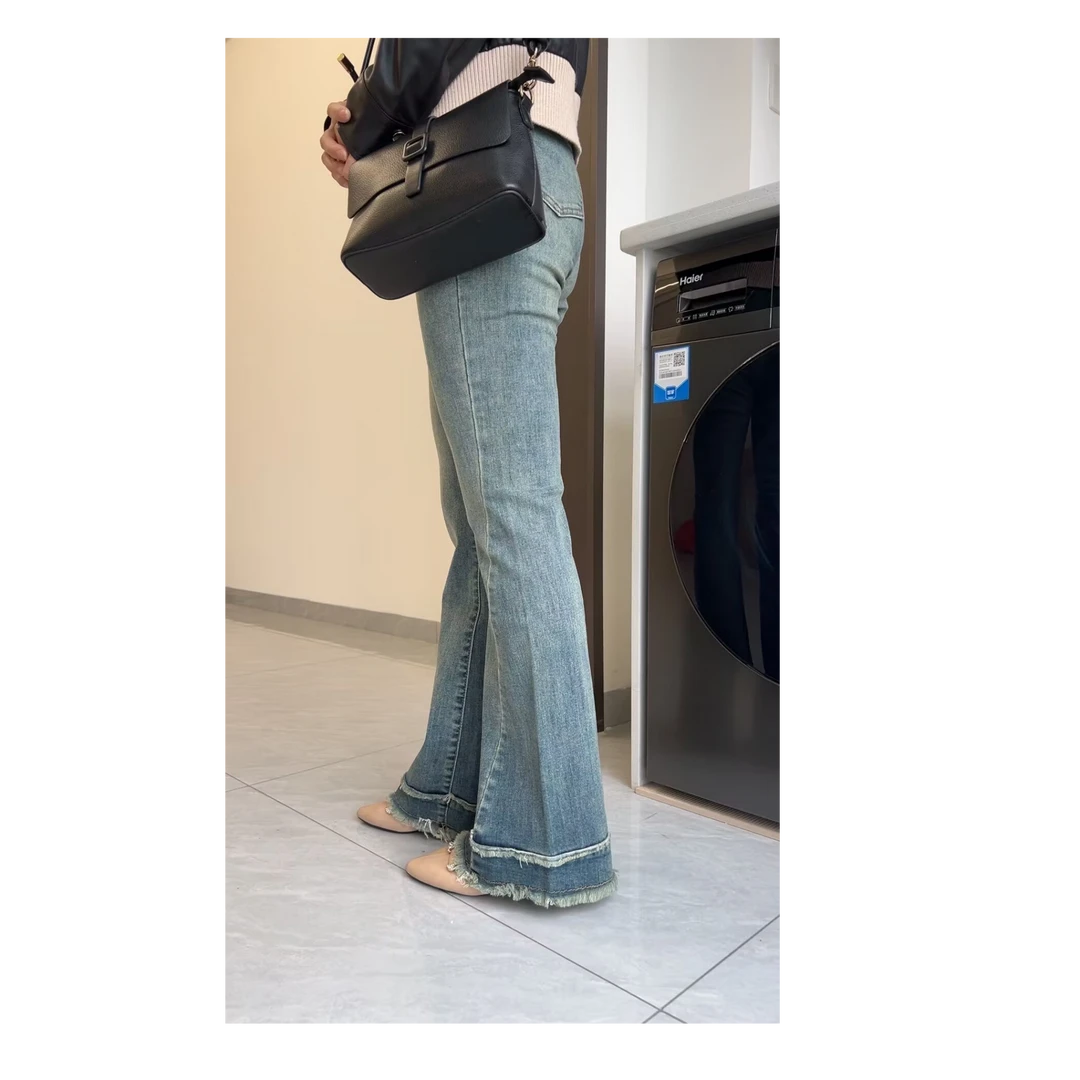 2025新款春秋季牛仔裤中高腰时尚复古怀旧蓝喇叭裤  C