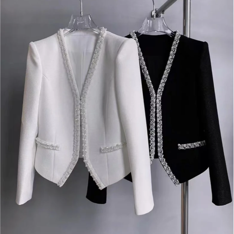 SR欧货春装款<V领重工珠珠小香风短款外套>收身显瘦洋气外套气质