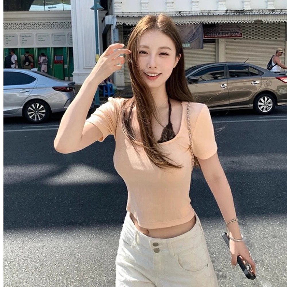 (海狮)春季新款纯欲小女人U领拼接撞色蕾丝挂脖吊带假两件短袖T恤
