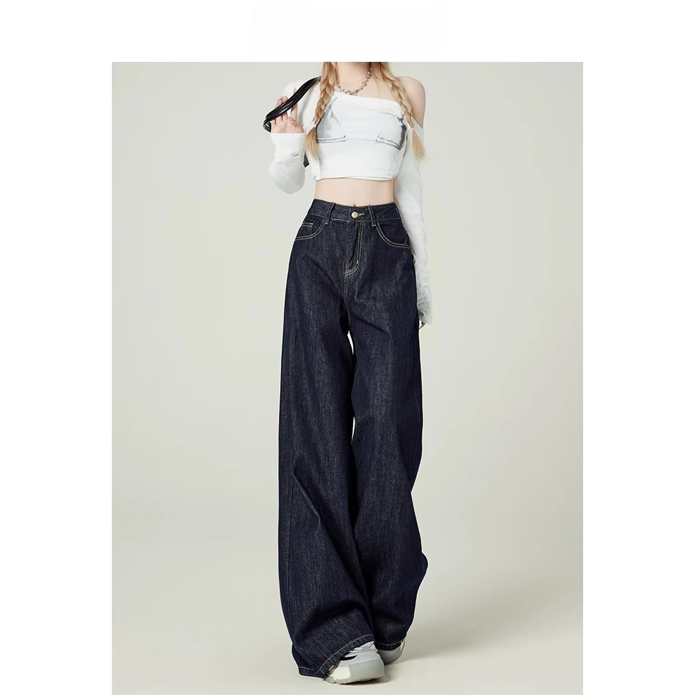 复古深蓝大阔腿牛仔裤女春秋垂感高腰宽松显瘦垂感大码拖地牛仔裤