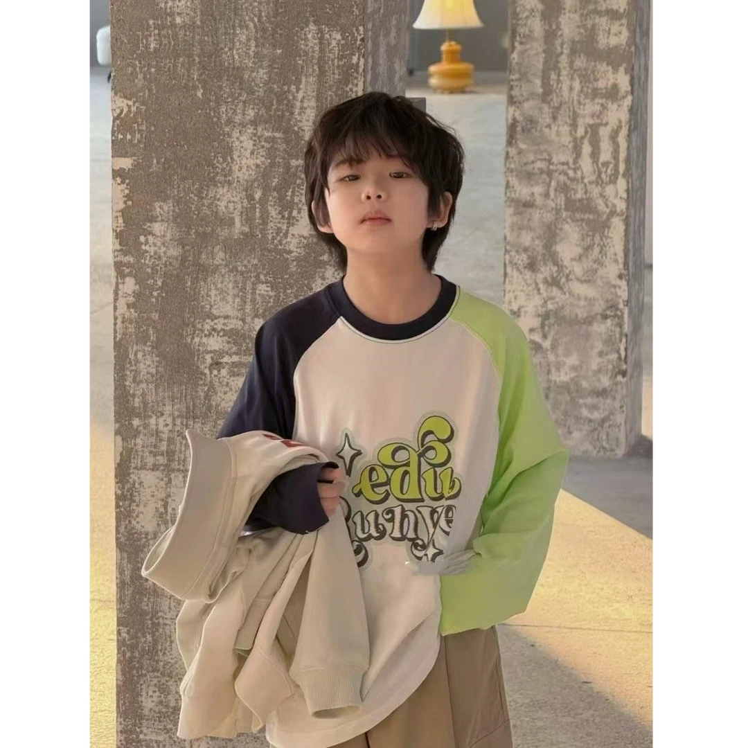 春款儿童男女中大童亲子拼色字母长袖T恤上衣