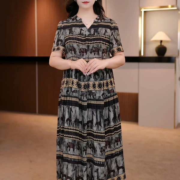 夏季新款大码女装连衣裙遮肉显瘦收腰连衣裙【D】SXE-25-3175