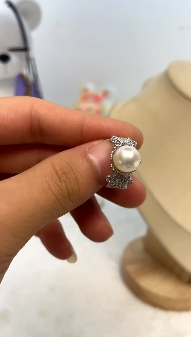 银S925镶嵌戒指海水珍珠8-9